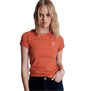 One Teaspoon Bower Bird Embroidered Logo Fitted Tee - Orange Size XS